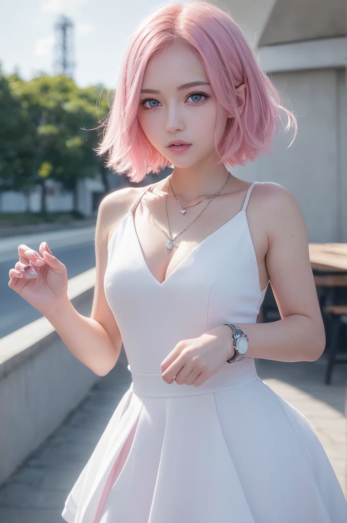(8k high quality), (2d high quality), (high anime quality), (beautiful young girl), (beautiful face), (shining, short pink hair), (galaxy blue eyes, almond shape eyes), (shining smooth skin), (beautiful thin eyebrow), (beautiful wristwatch), (beautiful silver necklace with heart pendant), (beautiful white school uniform)