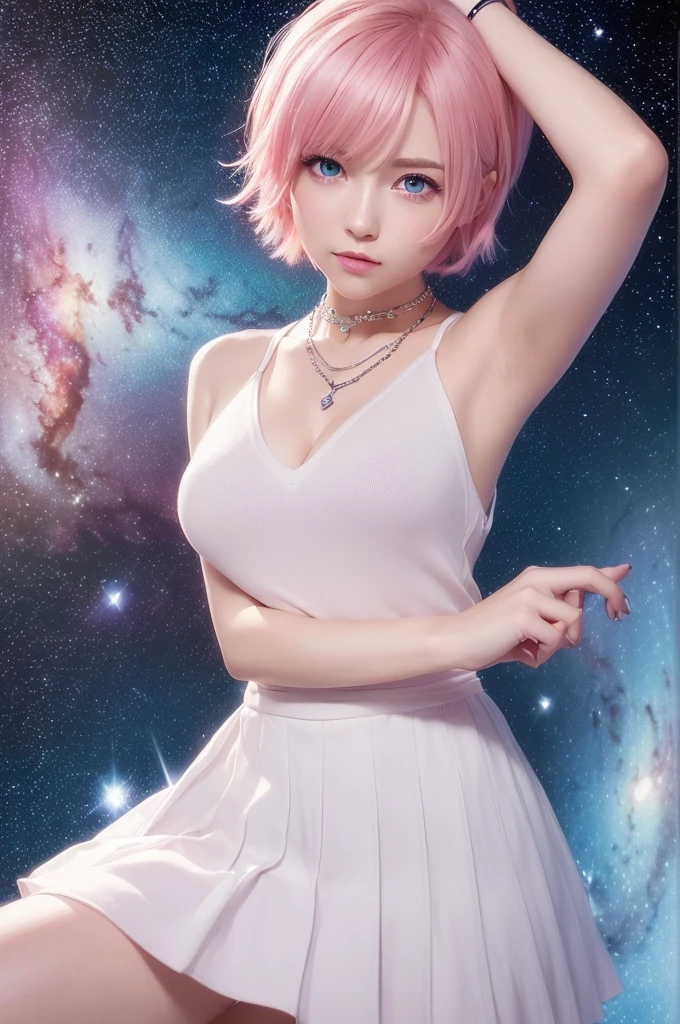 (8k high quality), (2d high quality), (high anime quality), (beautiful young girl), (beautiful face), (shining, short pink hair), (galaxy blue eyes, almond shape eyes), (shining smooth skin), (beautiful thin eyebrow), (beautiful wristwatch), (beautiful silver necklace with heart pendant), (beautiful white school uniform).