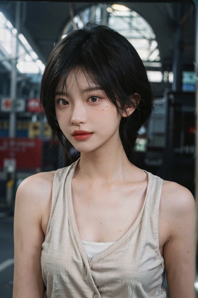 (Skin details:1.4), (smooth skin textures:1.3), (Upper body:1.4),(Upper Body:1.3)Lipstick, background, earrings, serene, calm, (Realistic and detailed eyes:1.2), Natural skin texture, Realistic facial details, Soft dramatic lighting, Vivid details, 35 mm film, outdoor, (Photo Practical:1.4), (hyper Practical:1.4), (Practical:1.3), (Smoother lighting:1.05), (Improve lighting quality:0.9), (Highest quality real skin textures:1.4), Exquisite eyes, Delicate face, Close-up of face, (Enhance the beauty of skin texture:1.1), Hair details,(Large Breasts:1.3)normal body ratio, short hair, Moles under the eyes, A faint smile,Portrait Photography, Depth of Field, Bokeh, Surrealism, Ray Tracing, (Portrait Photography:1.1), Surrealism, High Detail, Chiaroscuro, Ray Tracing, reflected light, Ultra HD, Ultra HD, masterpiece, Textured Skin, Super Detail, High Detail, high quality, best quality
