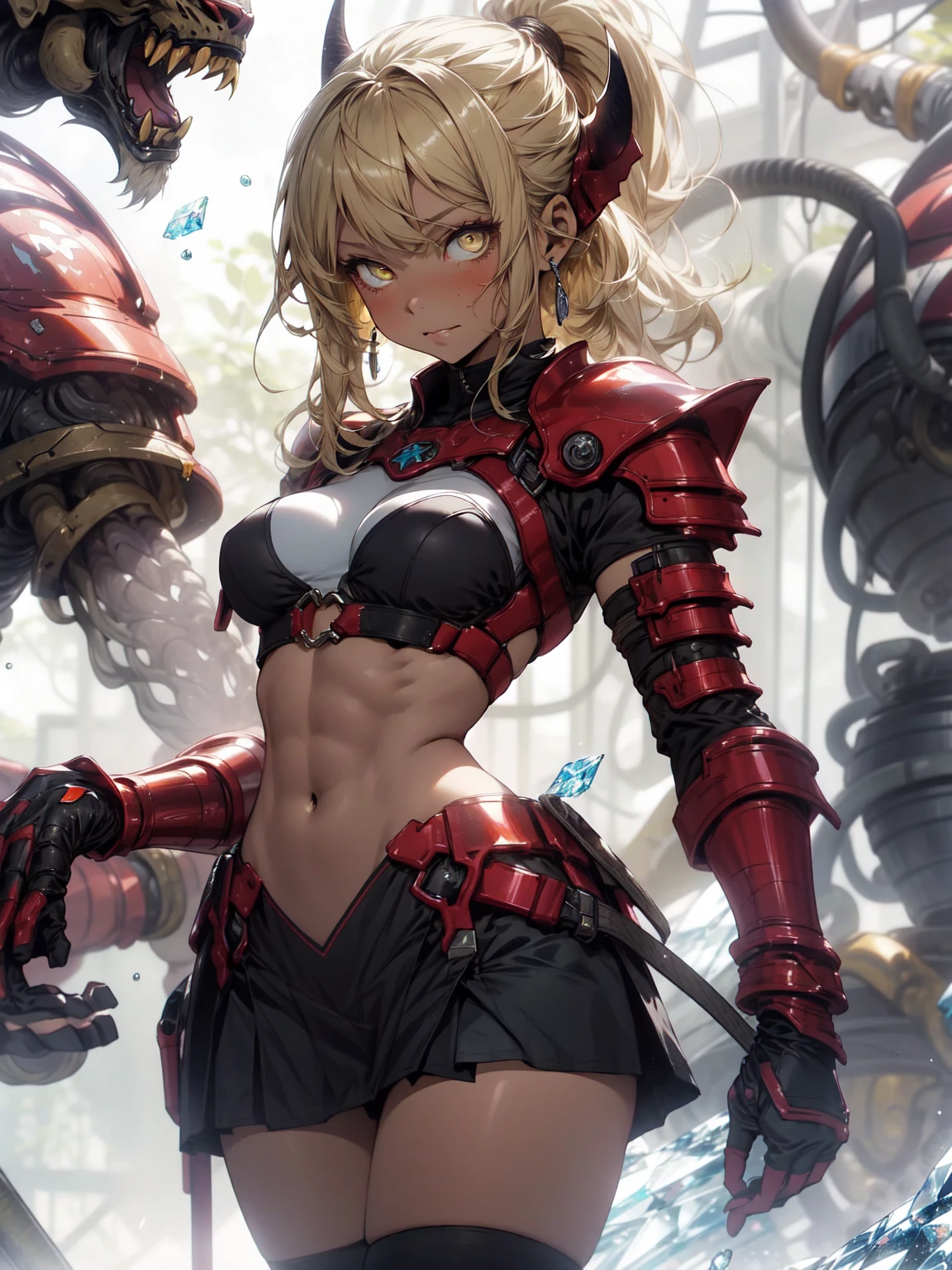 Be realistic,(masterpiece,Highest quality,Highest quality,Very detailed,Fractal Art,Most detailed,(The background is abstract:1.5)(1 Girl),Kamimei,(Yellow hair ponytail),(Yellow eyes shine、Big Breasts、Toned Abs,Stunned),crystallization,bikini、High leotard、sexy、Machine Armor、Sunburned skin、Berserk、Demon Horn、scratch、mini skirt