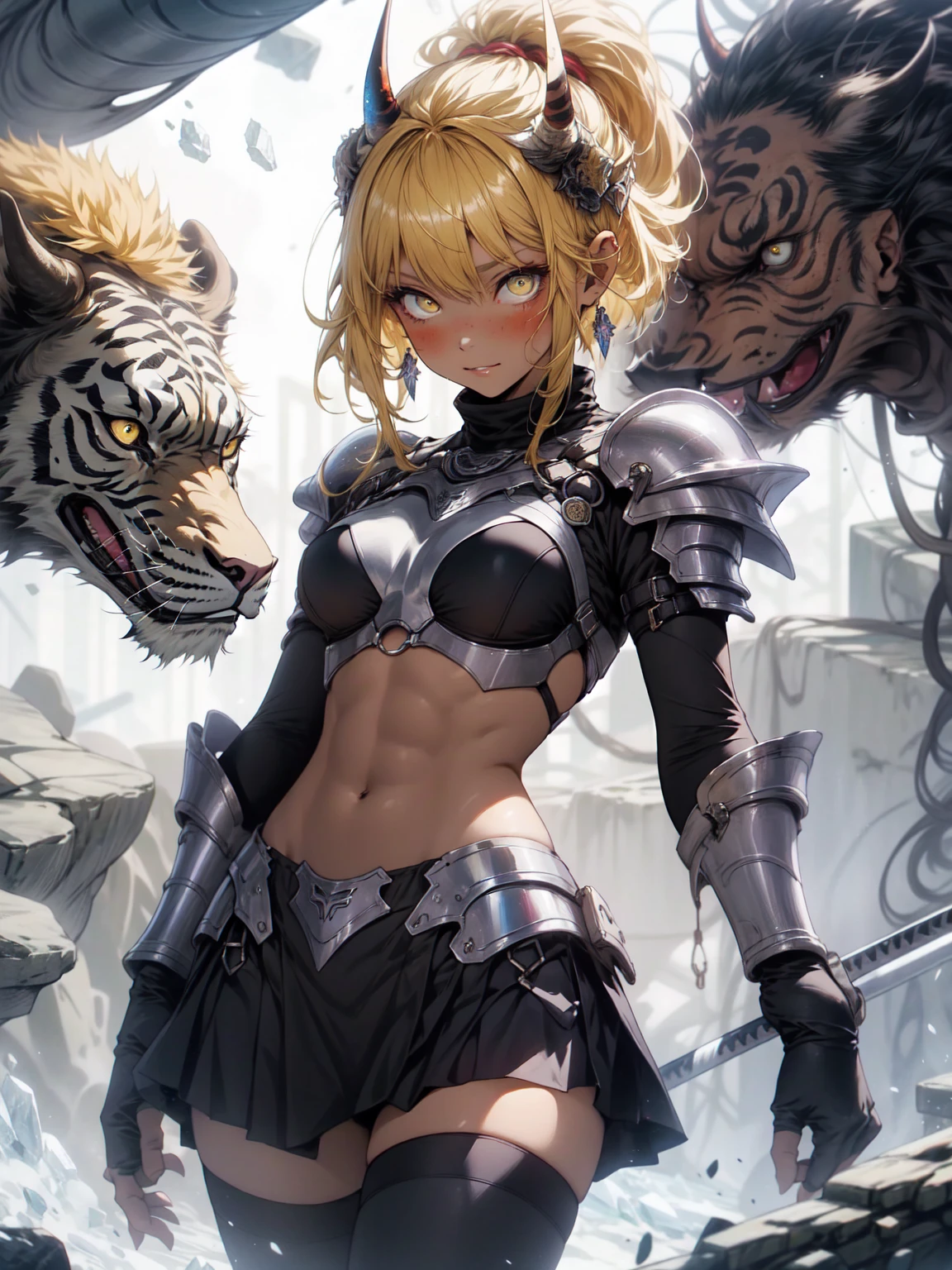 Be realistic,(masterpiece,Highest quality,Highest quality,Very detailed,Fractal Art,Most detailed,(The background is abstract:1.5)(1 Girl),Kamimei,(Yellow hair ponytail),(Yellow eyes shine、Big Breasts、Toned Abs,Stunned),crystallization,bikini、High leotard、sexy、Machine Armor、Sunburned skin、Berserk、Demon Horn、scratch、mini skirt