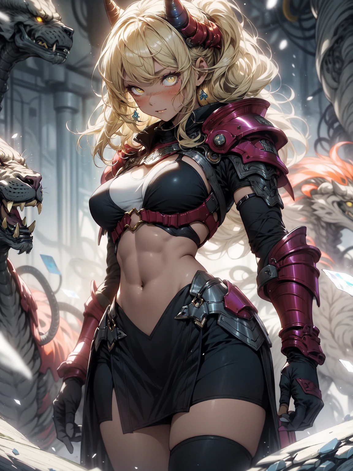 Be realistic,(masterpiece,highest quality,highest quality,Very detailed,Fractal Art,Most detailed,(The background is abstract:1.5)(1 girl),Kamimei,(Yellow hair ponytail),(Yellow eyes shine、Big Breasts、Toned Abs,Stunned),Abyss Stick、crystallization,Black Bikini、High leg、Sexy、Mechanical Armor、Sunburned skin、Demon Horn、Berserk、A body covered in wounds