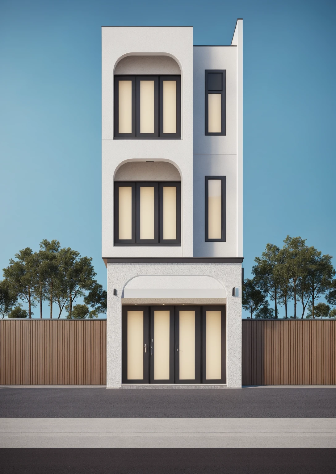 PLATFORM KTHOUSE, 1 morden villa,1large yard, 1 road runs in front of the house, (RAW photo, real, best quality, masterpiece:1.2), look morden minimalist, 1 road in front of the house, dynamic lighting:1.3, (hyper realistic, photo-realistic:1.2), high quality, (dark lighting:1.2), perfect lighting, archdaily, no human, light at 12 noon, light in door, 1 rolling door:1.4