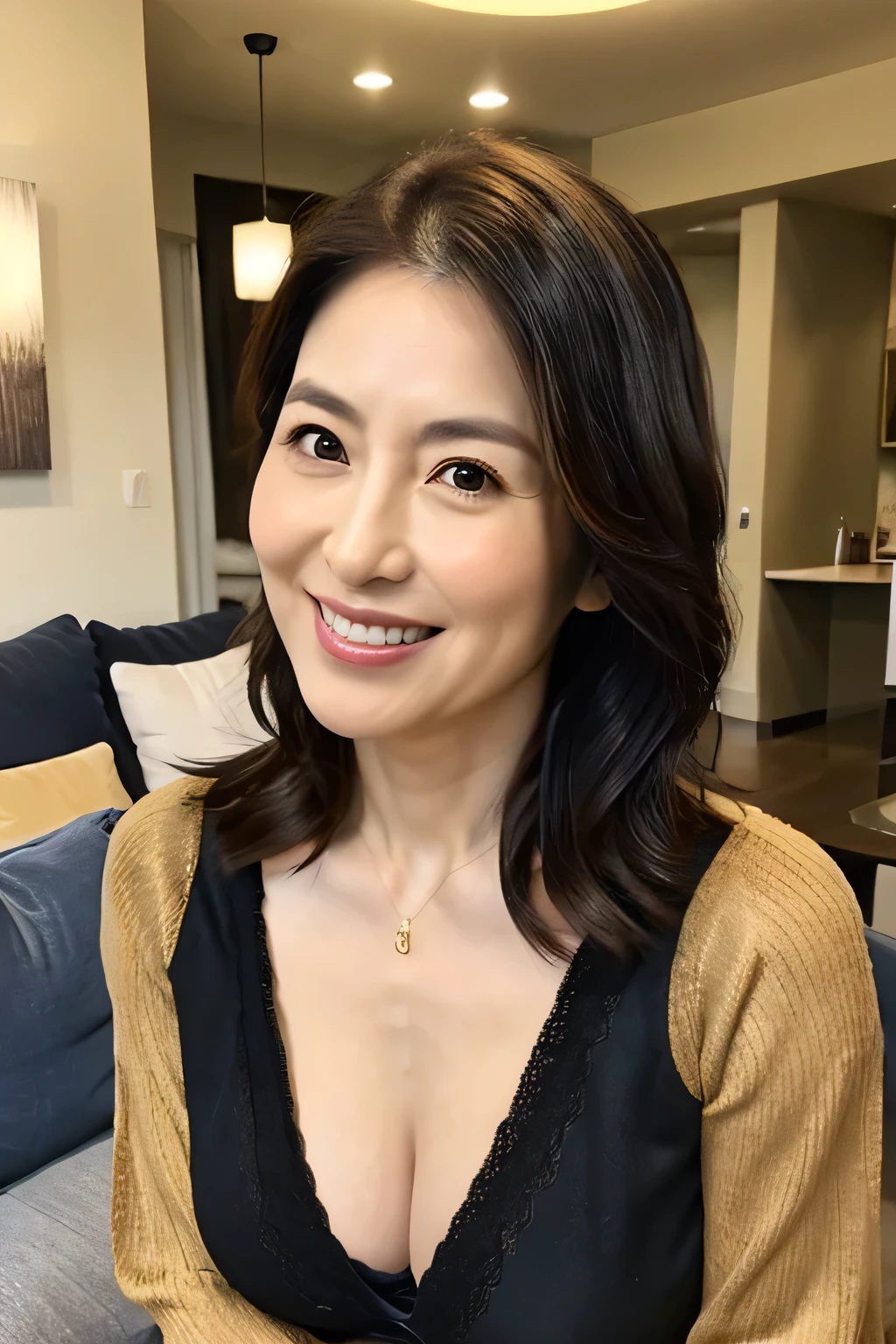 8K, high quality, Realistic Photographic Images, 40 years old, Japanese women, Pure girl, Large Breasts, Narrow waist, ((Sexy and cute wife)), Natural and realistic eyes, Beautiful black hair, light makeup,, Golden ratio composition, lingerie, jeans, Western-style living room,, Characteristics of a Pure Japanese Person, Full body photo, smile
