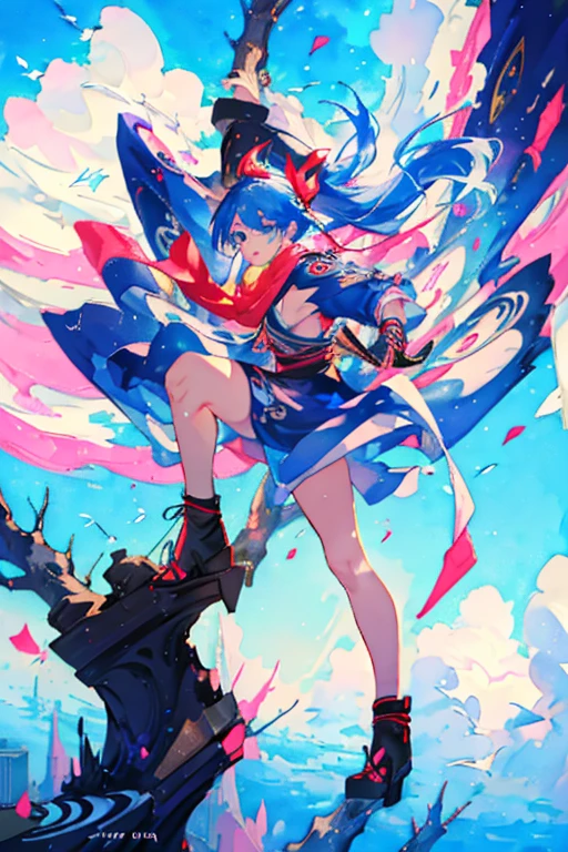 Luxury masterpiece, highest quality,
colorful smoke
One girl, ninja, comic style, anime style illustration, ninja outfit, cool, cute, beautiful face, hair tied with a red ribbon, beautiful sky blue hair, shuriken in hand, shuriken on side of face Poised, from the side, watercolor, colorful, glitter, brush-painted art, blue eyes, watercolor clouds in the background, standing on a tree, overlooking the city
