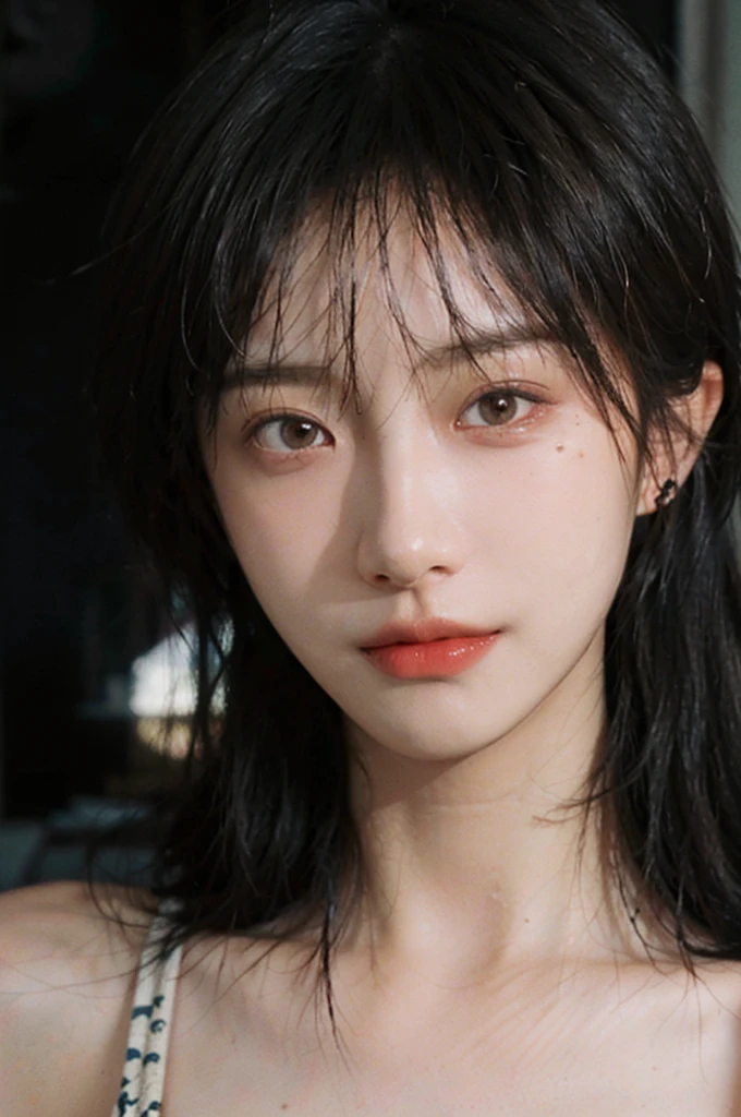 1 girl,short hair,A faint smile,serene, calm,Vest,Moles under the eyes,Exquisite eyes, Delicate face,Lipstick,earrings,Hair details, (Large Breasts:1.0),outdoor,background,城市background,(Skin details:1.4),(Realistic and detailed eyes:1.2), Natural skin texture, Realistic facial details,Close-up of face,Portrait Photography,(Portrait Photography:1.1), (smooth skin textures:1.3), (Highest quality real skin textures:1.4), Direct vision,Soft dramatic lighting, Vivid details, 35 mm film, (Photo Practical:1.4), (hyper Practical:1.4), (Practical:1.3), (Smoother lighting:1.05), (Improve lighting quality:0.9), (Enhance the beauty of skin texture:1.1), Depth of Field, Bokeh, Surrealism, Ray Tracing, ( Surrealism, High Detail, Chiaroscuro, Ray Tracing, reflected light, Ultra HD, Ultra HD, masterpiece, Textured Skin, Super Detail, High Detail, high quality, best quality