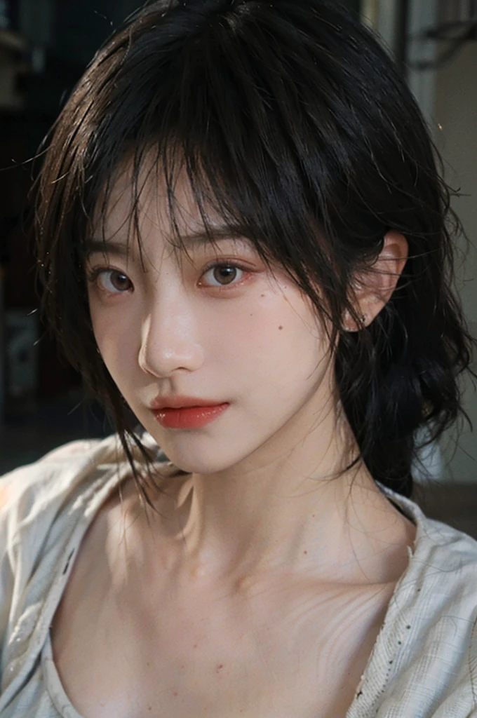 1 girl，short hair,A faint smile,serene, calm,Vest，Moles under the eyes,Exquisite eyes, Delicate face,Lipstick,earrings,Hair details, (Large Breasts:1.0),outdoor,background,城市background，(Skin details:1.4),(Realistic and detailed eyes：1.2）, Natural skin texture, Realistic facial details,Close-up of face,Portrait Photography,(Portrait Photography:1.1), (smooth skin textures:1.3), (Highest quality real skin textures:1.4), Direct vision,Soft dramatic lighting, Vivid details, 35 mm film, (Photo Practical:1.4), (hyper Practical:1.4), (Practical:1.3), (Smoother lighting:1.05), (Improve lighting quality:0.9), (Enhance the beauty of skin texture:1.1), Depth of Field, Bokeh, Surrealism, Ray Tracing, ( Surrealism, High Detail, Chiaroscuro, Ray Tracing, reflected light, Ultra HD, Ultra HD, masterpiece, Textured Skin, Super Detail, High Detail, high quality, best quality
