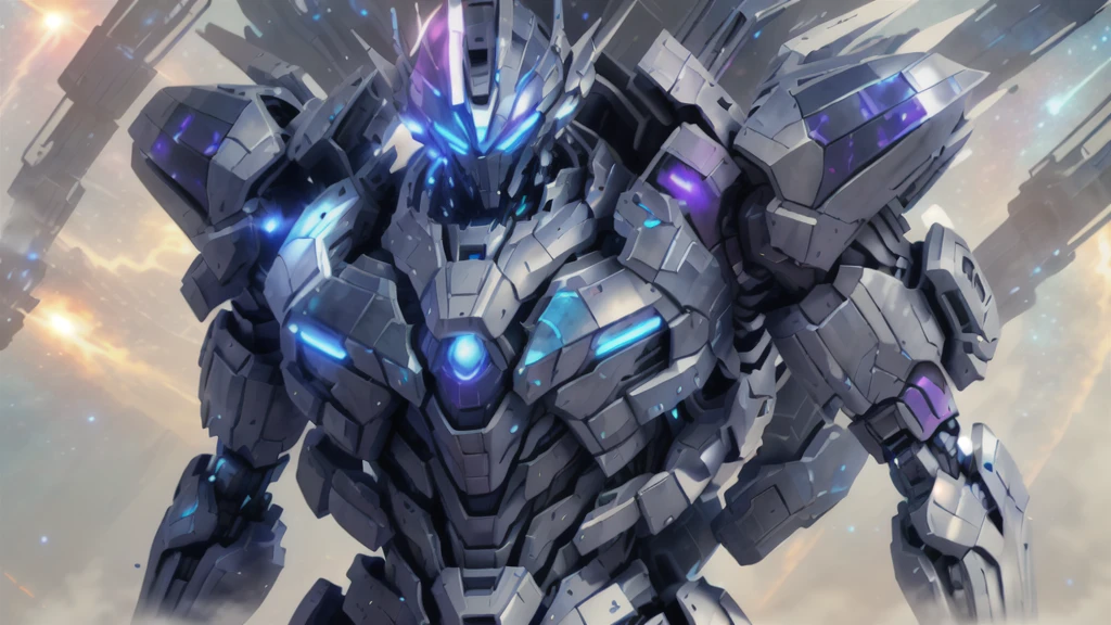 there is a robot in a space station with a blue and purple background, epic battle screen of hero, chrome vortex, galactus!!!!, ethereal and mecha theme, galactus, galaxy space hunter, sliver ice color reflected armor, mega legendary, album art, this character has cryokinesis, detailed cosmic angelic robot, cool mecha style