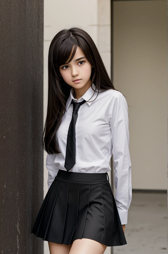Anime style teenage girl about , long dark brown hair, dark brown eyes, thin, oval face with a marked jaw, He is wearing his uniform, which consists of a skirt and long black tie, a white shirt