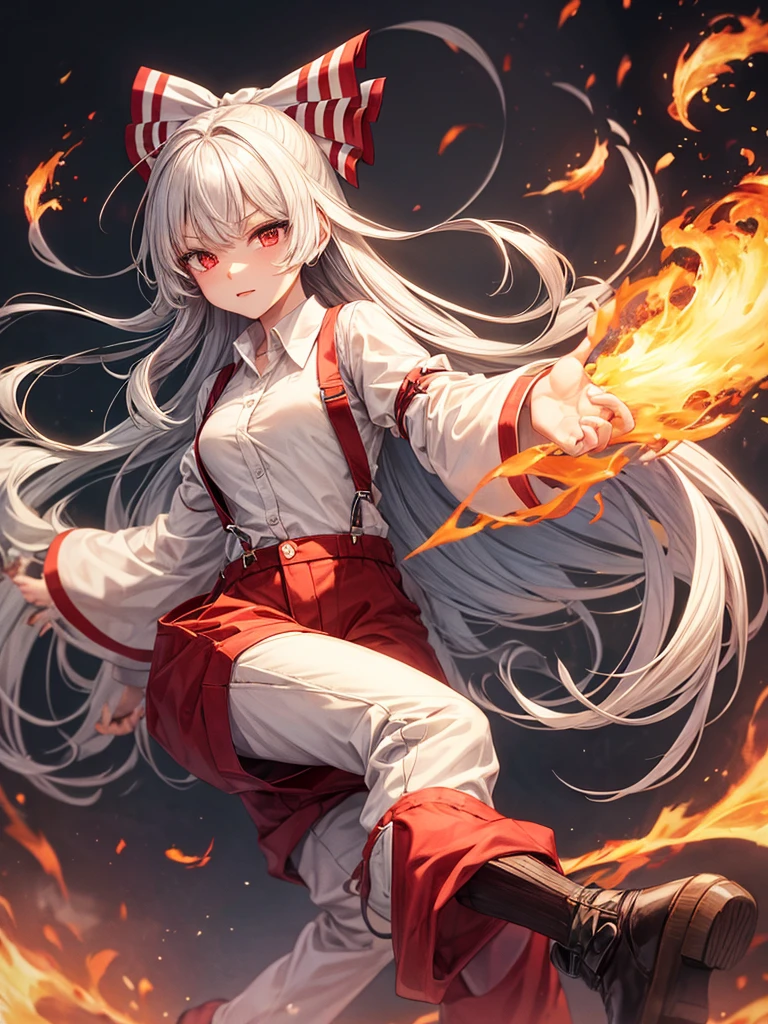 1girl, fujiwara no mokou (touhou), red eyes, very long hair, white hair, grey hair, sidelocks, bangs, hime cut, white shirt, beige shirt, collared shirt, buttons, long sleeves, sleeve garter, suspenders, red pants, baggy pants, pants, ofuda, ofuda on clothes, shoes, red footwear, footwear bow, hair bow, white bow, fire, phoenix,