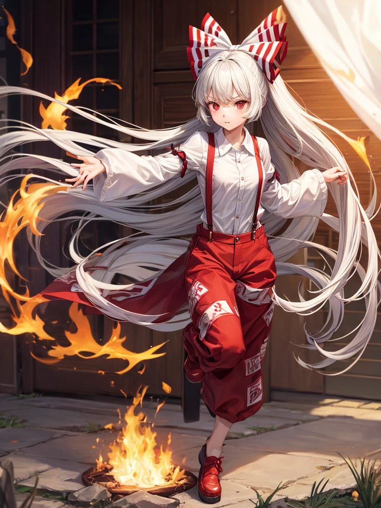 1girl, fujiwara no mokou (touhou), red eyes, very long hair, white hair, grey hair, sidelocks, bangs, hime cut, white shirt, beige shirt, collared shirt, buttons, long sleeves, sleeve garter, suspenders, red pants, baggy pants, pants, ofuda, ofuda on clothes, shoes, red footwear, footwear bow, hair bow, white bow, fire, phoenix,			
