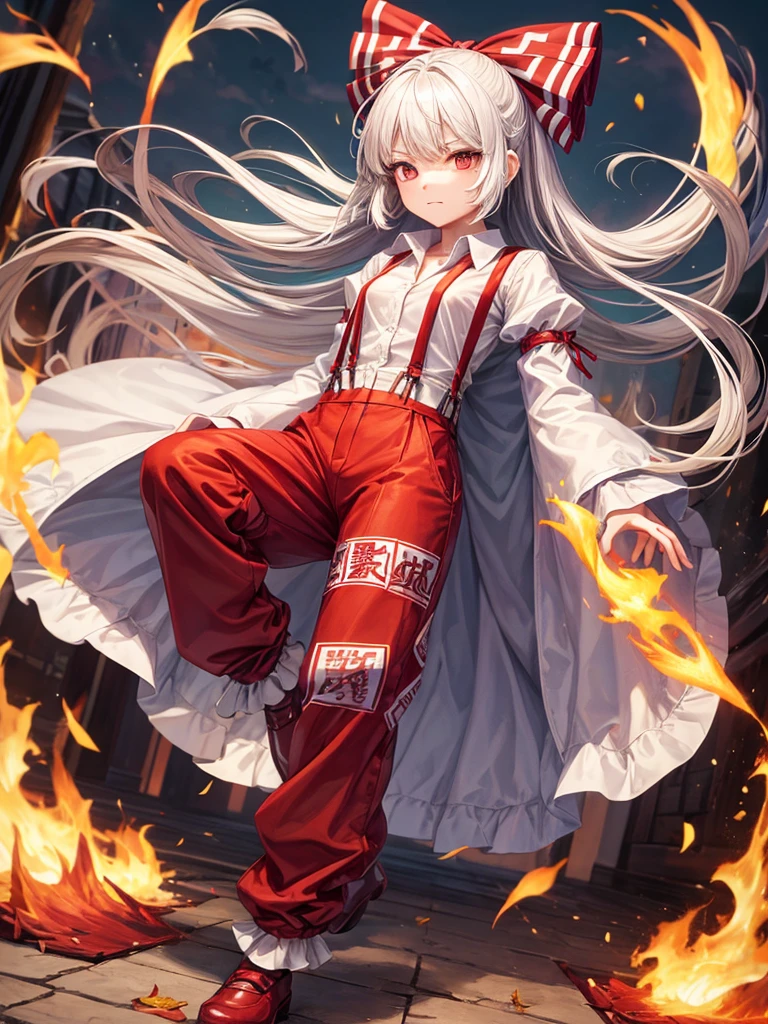 1girl, fujiwara no mokou (touhou), red eyes, very long hair, white hair, grey hair, sidelocks, bangs, hime cut, white shirt, beige shirt, collared shirt, buttons, long sleeves, sleeve garter, suspenders, red pants, baggy pants, pants, ofuda, ofuda on clothes, shoes, red footwear, footwear bow, hair bow, white bow, fire, phoenix, Touhou Project Fujiwara Meihong V3 use