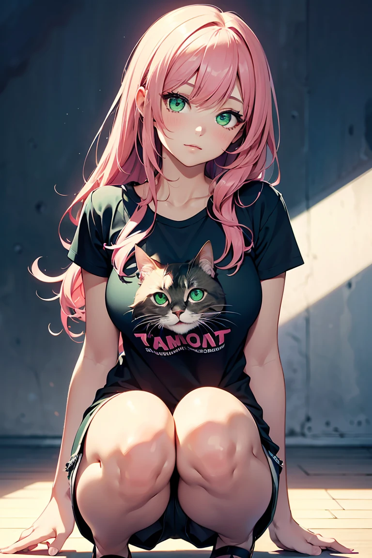 ((One girl)),Squat, Observe the cat, Loosened look , cute,Latest Fashion Trends ,Open chest,T-Shirts, Shorts,((Very detailed,Highest quality, High resolution, 8k wallpaper, Beautiful clothes,)),((Pink Hair, Long Hair,Straight hair,Both sides up)) ,(Green Eyes),eye shadow, eyeliner,Glowing Eyes, Very detailedな目, Complex eyes, Beautiful Eyes, 輝くGreen Eyes,18-year-old girl, 