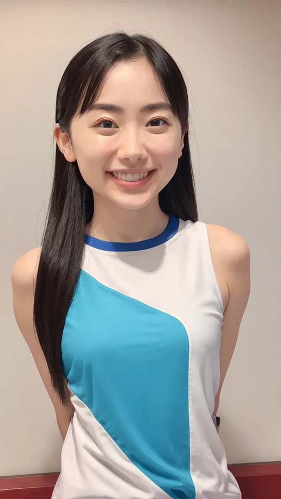 upper body, flat chest, (arms behind back:1.1), make up, sportwear, , smile, long hair