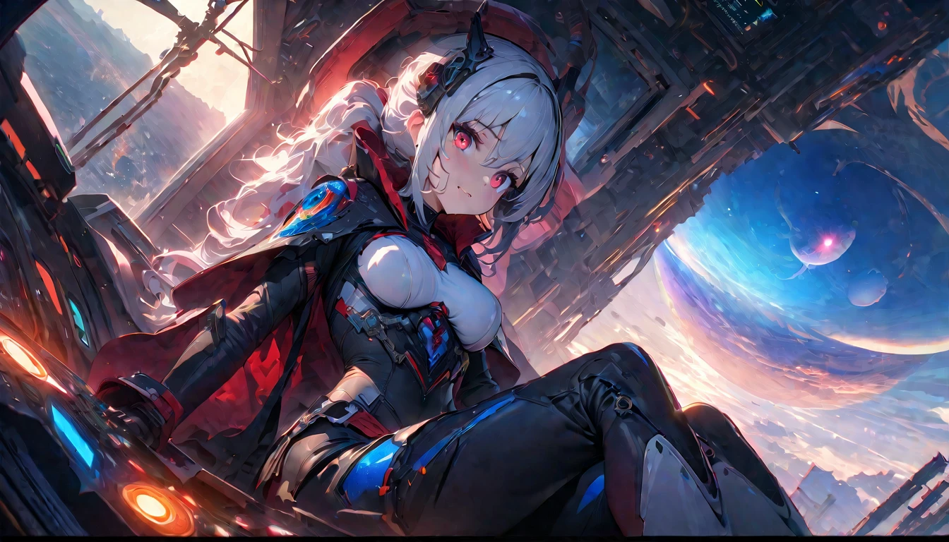 (absurd decision, A high resolution, (masterpiece: 1.4), hyperdetailing, 1 young woman, short red hair, pilot suit, Rich Princess, sitting in a very narrow and closed mech control room and looking out the window, window - cosmic universe, you can see the blue planet (1.5), Expression excited, mecha control room is in universe,(heroic),(epics),(emotional),(breathtaking),(main part:1.2) whole body.), (Anime Style), (Super Detailed), (brutal), (uhd, HDR), (8K), (High Resolution: 1.2), (Complex and Beautiful: 1.2), (Dramatic Lighting: 1.2) , (staring at the viewer), lora:add_detail:1, female necromancer, flowing white hair, detailed red eyes, skelet, Tomohiko Ito style