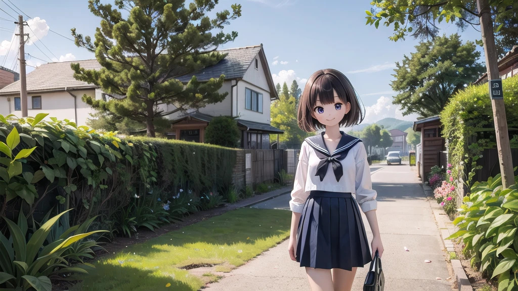 (masterpiece),  town,  blue sky,  One Girl,  smile,  alone,  Sailor suit、Long skirt,  Overgrown,  petal,  plant、Skirt lining、Translucent slip、Nostalgic