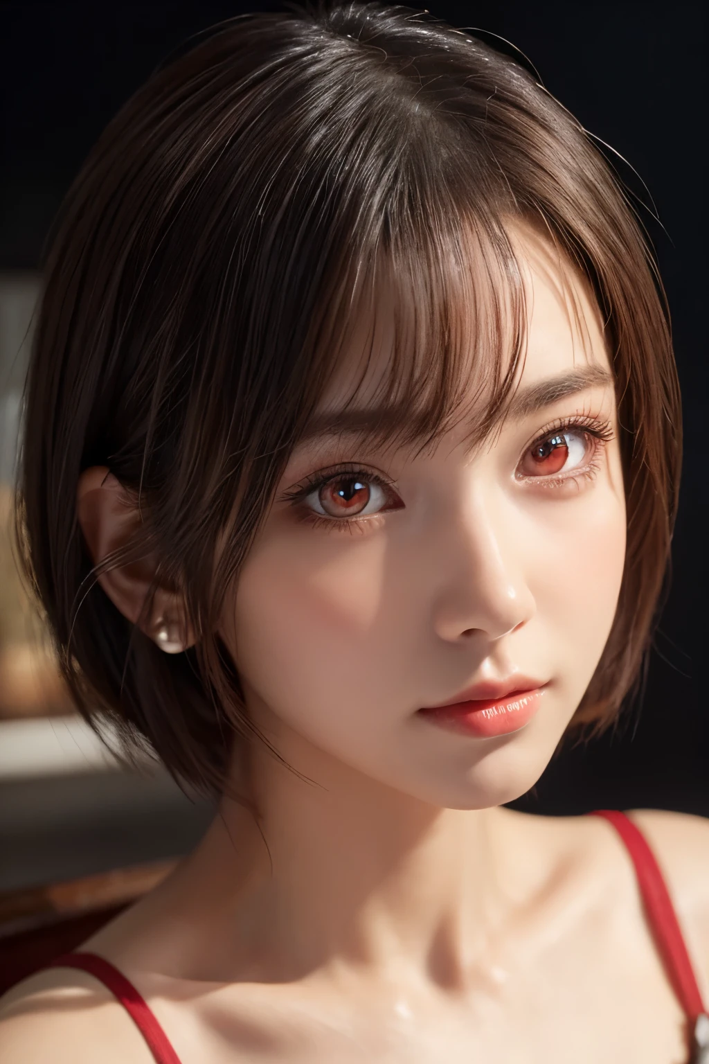 (masterpiece:1.2, Highest quality), (Beautiful, detailed eyes: 1.2、Beautiful skin、Beautiful hair、Good posture and dignity、Beautiful manners、sympathy、Beautiful eyes), ((One Woman)), (Red eyes:1.4), (Detailed eyes and face:1.3), ((Woman with short hair)), (Beautiful and vivid background:1.2), (Highly detailed CG, Super detailed, Best Shadow:1.1), ((Depth of written boundary)), ((watercolor)), beautiful concept figure, (Orange background:0.5), (figure:1.1), (Very nice and beautiful:1.1), (Perfect detail:1.1), from the front, Cowboy Shot, scenery 、Put out your ears、Long beautiful neck