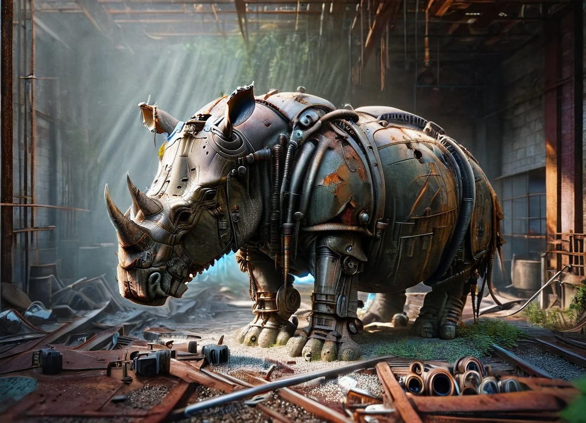 cinematic photo Mechanical cyborg (rhino), (((steampunk))), rusty old armor, old metal, robot, (((full body visible))), wires, realistic, creepy, scary, cables, apocalyptic background, looking at viewer, portrait, photography, detailed skin, realistic, photo-realistic, 8k, highly detailed, full length frame, High detail RAW color art, piercing, diffused soft lighting, shallow depth of field, sharp focus, hyperrealism, cinematic lighting ais-abandz . 35mm photograph, film, bokeh, professional, 4k, highly detailed