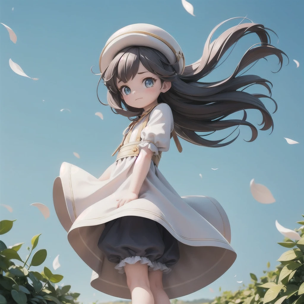 girl 、Translucent medieval dress with panniers、Fabric Realism、Low Angle、wear bloomers、You can see the drawer、Pull up the hem of your dress with your hands、Strong winds、blue sky、Glare