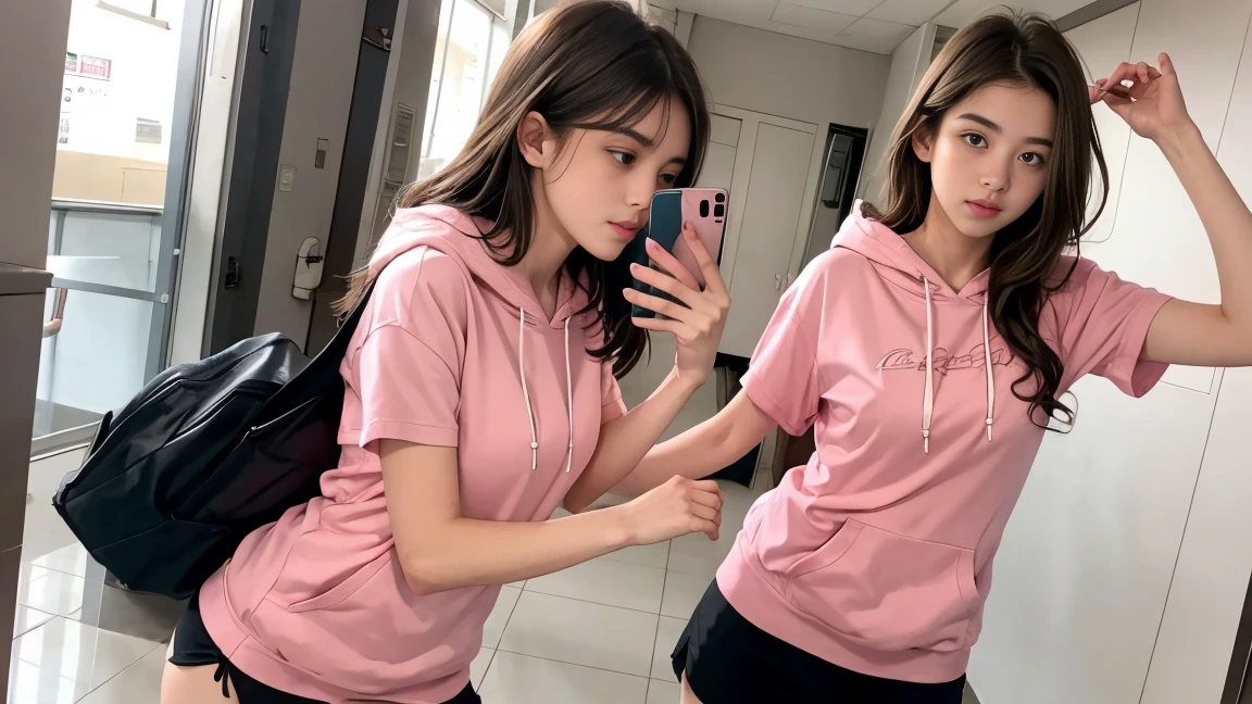 deux femmes ensemble de 18 ans sexy et mince , pink short sleeve hoodie , salle de classe, se touche,position sey,sensuel
