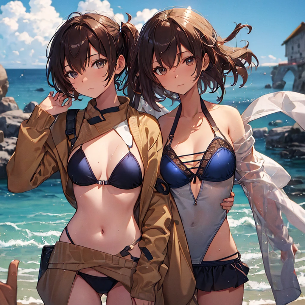 Beautiful illustrations、Highest quality、From you_kantaicollection
brown_hair, ~ side_ponytail, brown_eye, short_hair, chest, length_hair、Blue Bikini、standing、The background is the coast