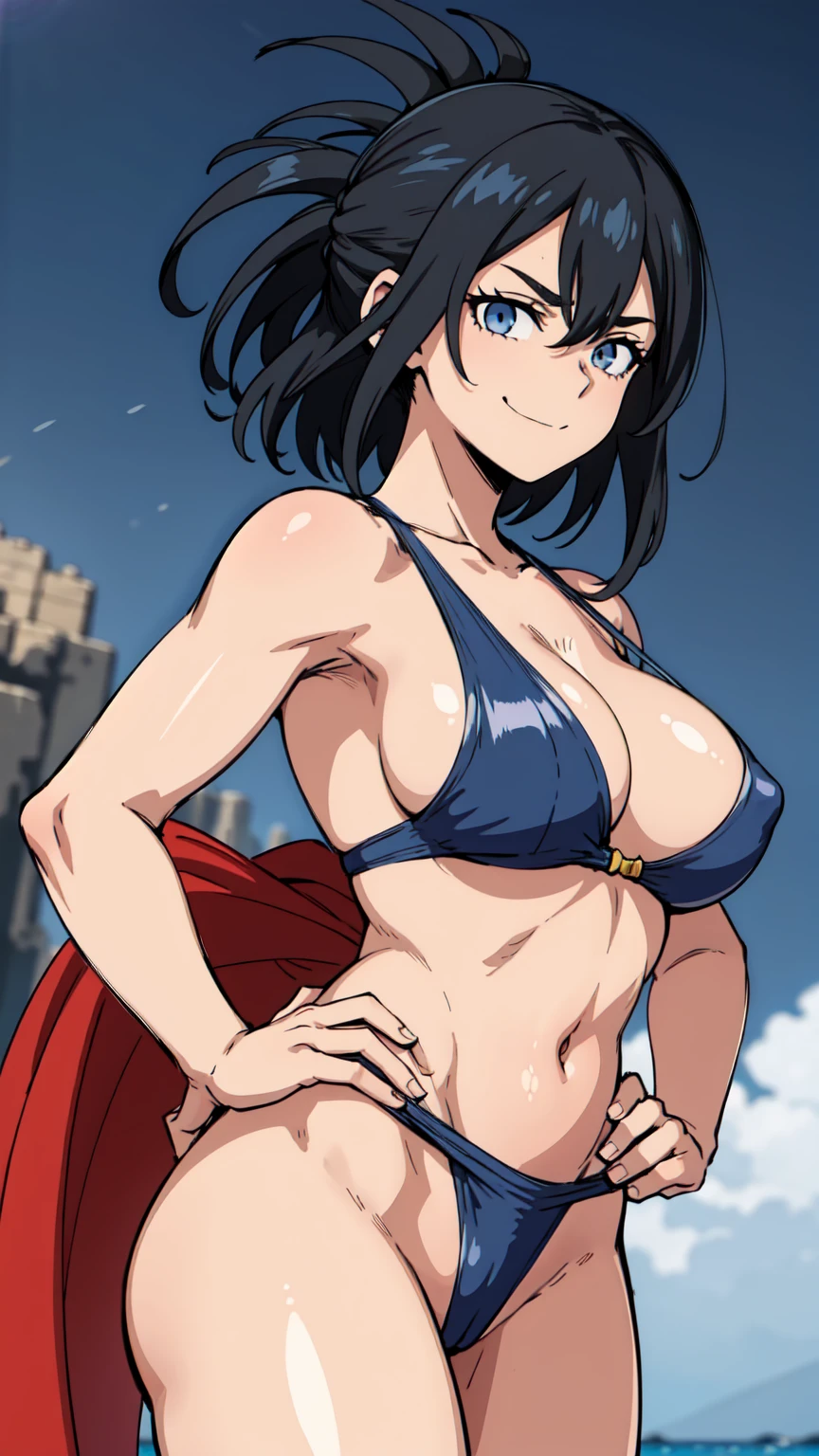 NanaShimura, black hair, blue eyes, hair between eyes, boku no hero academia, collarbone, masterpiece, absurdres , (intricate details), (colorful), cinematic lighting, 1girl, from side, slingshot swimsuit, exhausted, heavy breathing, evil smile, Beautiful body, navel, gigantic breasts, (narrow_waist), standing, one arms on hip, one arm down, (((milf, Shiny Skin))), looking at viewer, closed mouth, plain background,