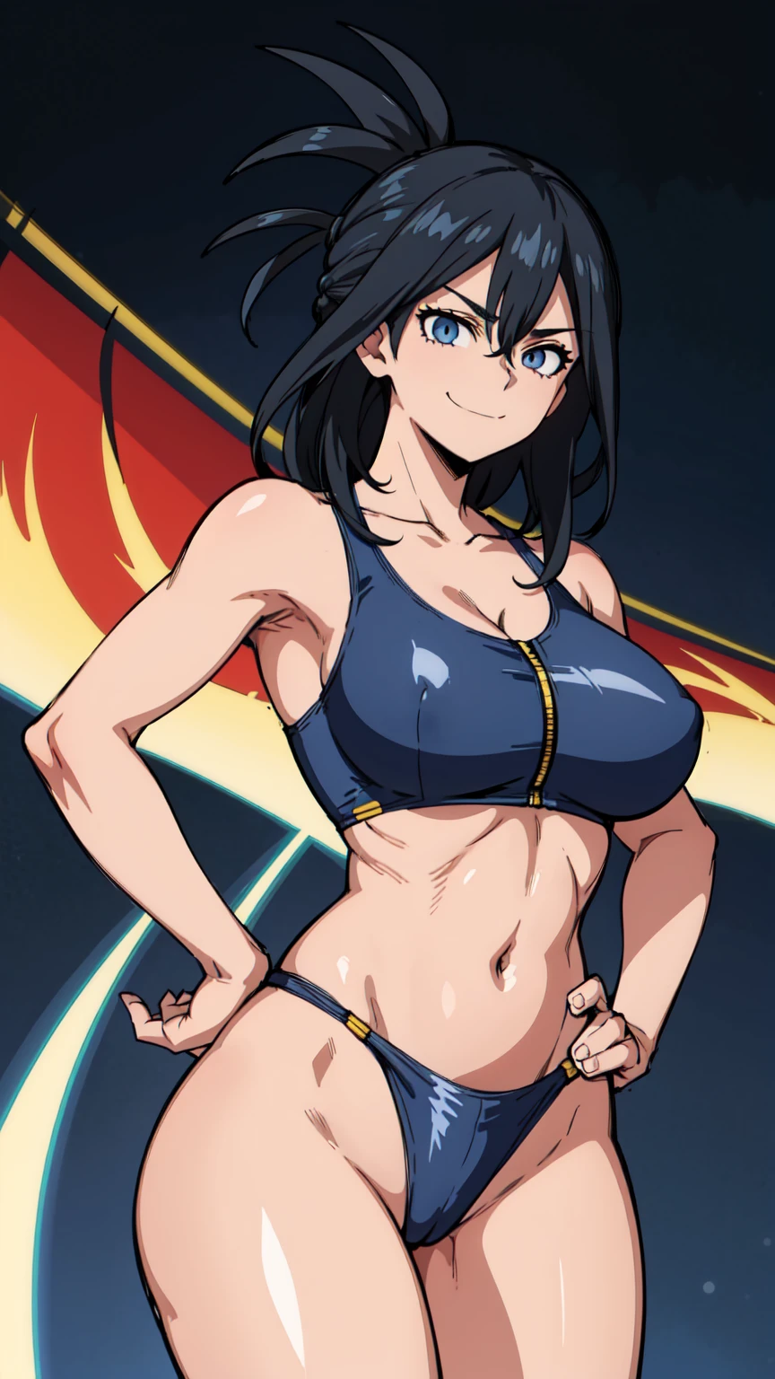 NanaShimura, black hair, blue eyes, hair between eyes, boku no hero academia, collarbone, masterpiece, absurdres , (intricate details), (colorful), cinematic lighting, 1girl, from side, slingshot swimsuit, exhausted, heavy breathing, evil smile, Beautiful body, navel, gigantic breasts, (narrow_waist), standing, one arms on hip, one arm down, (((milf, Shiny Skin))), looking at viewer, closed mouth, plain background,
