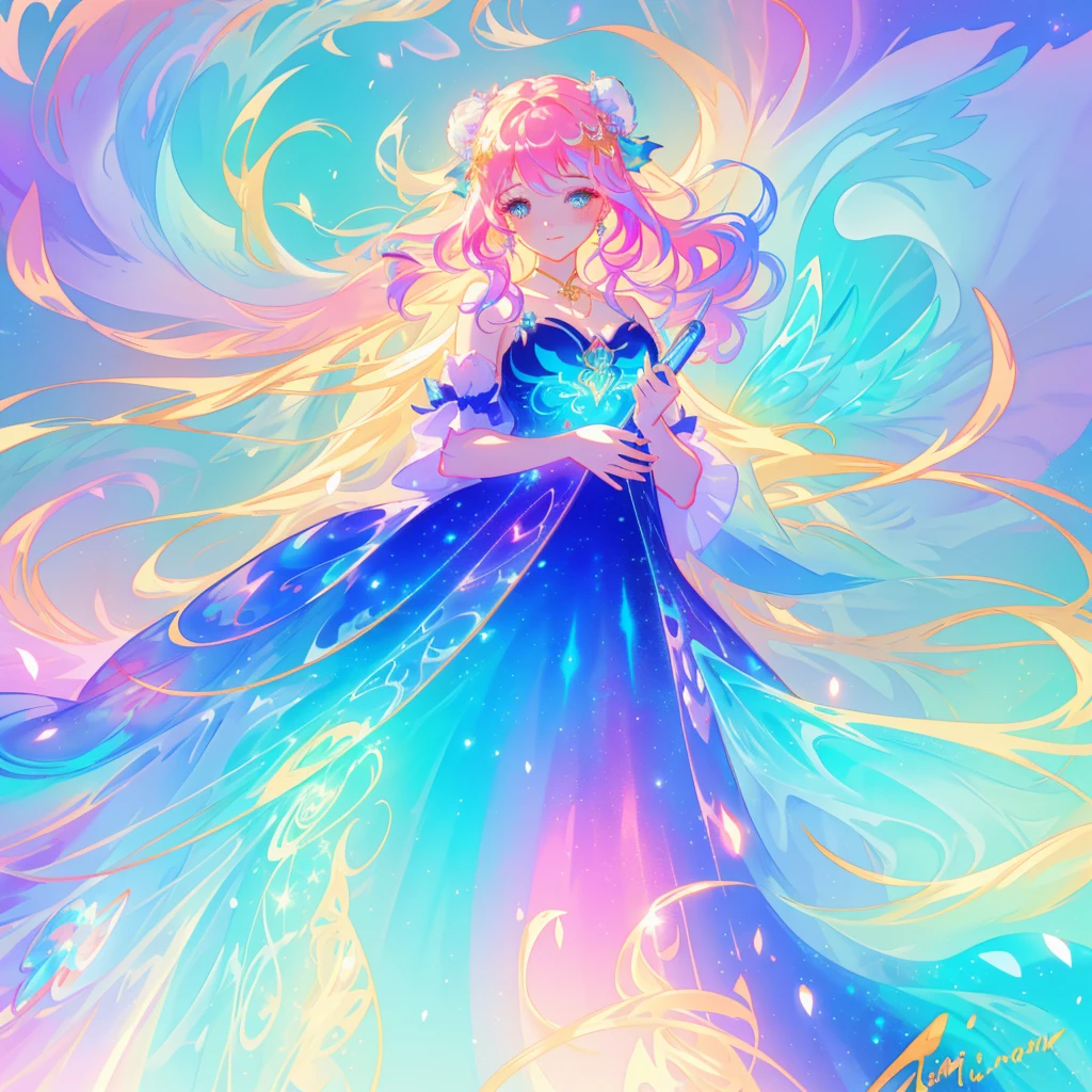 beautiful girl, puffy tiered ballgown, vibrant pastel colors, (colorful), glowing golden long hair, magical lights, sparkling magical liquid, inspired by Glen Keane, inspired by Lois van Baarle, disney art style, by Lois van Baarle, glowing aura around her, by Glen Keane, jen bartel, glowing lights! digital painting, flowing glowing hair, glowing flowing hair, beautiful digital illustration, fantasia background, whimsical, magical, fantasy, ((beautiful face)), ((masterpiece, best quality)), intricate details, highly detailed, sharp focus, 8k resolution, sparkling detailed eyes, liquid watercolor