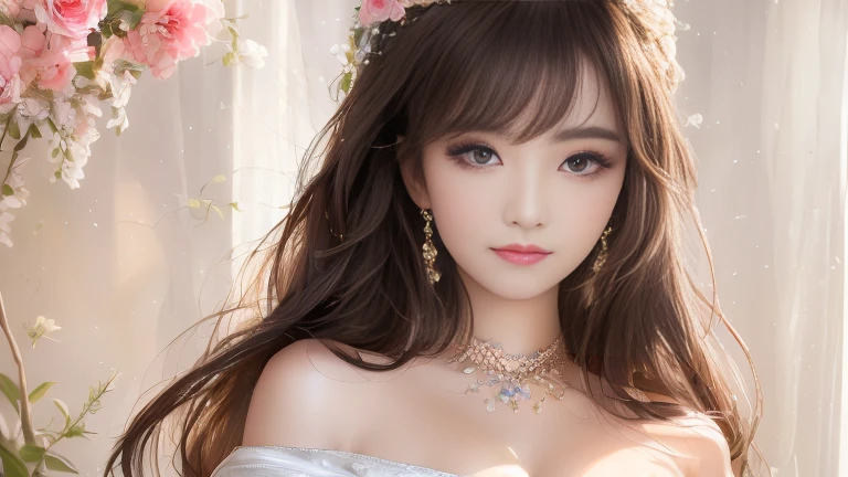 Highest quality,masterpiece,High resolution,One girl,Dindal effect,Realistically,Edge Light,Two-tone lighting,(Highly detailed skin:1.2),8K Ultra HD,Pure,sweet,Floral Background,Colorful background,Based on physical rendering,Perfect light and shadow,Extremely detailed,Pink,Eye Reflexes,Raised to be sexy,Perfect body,Great beauty,Large Eyes,Long eyelashes,Delicate eyes,Pupillary reflex of large, bright eyes,Shoulder and neck detailing,The texture of the pupil is delicate,Perfect Eyes,Dark Eyes,Highest quality,masterpiece,16K,picture,Head portrait,Big Chest,Long sleeves,Cherish your breasts,Large Breasts,Delicate Avatar