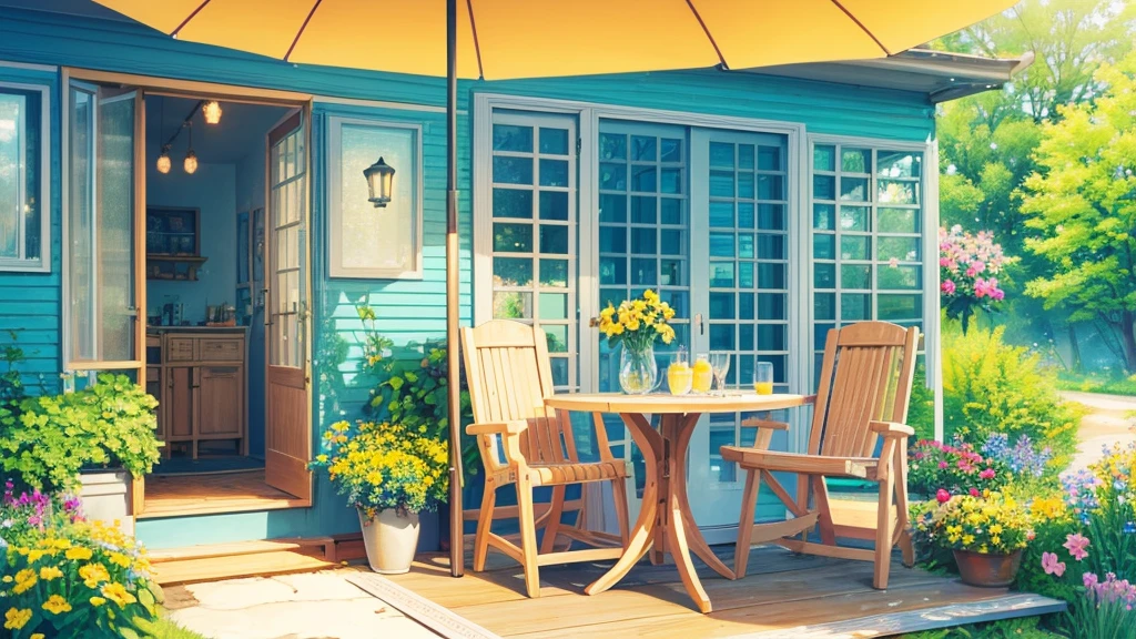 summer time porch with chairs and a table with lemonade, a digital rendering inspired by Terry Redlin, shutterstock, digital art, sunny day, summer setting, summer cottage aand peaceful atmosphere, outside on a summer day, cozy safe place, atmosphere hot lighting , cozy wallpaper, fun atmosphere, summer night, warm beautiful scene calm