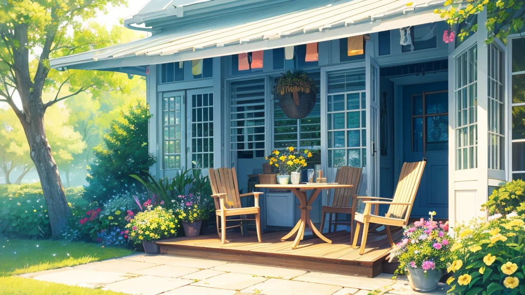 summer time porch with chairs and a table with lemonade, a digital rendering inspired by Terry Redlin, shutterstock, digital art, sunny day, summer setting, summer cottage aand peaceful atmosphere, outside on a summer day, cozy safe place, atmosphere hot lighting , cozy wallpaper, fun atmosphere, summer night, warm beautiful scene calm