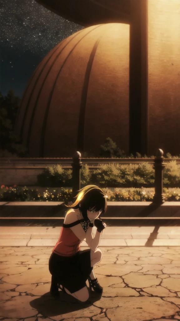 Joffe,1 Girl,Solitary,
Short hair long hair,
Gold hair band,Flowering,
Black necklace,
Black skirt,sleeveless,Off-shoulder,
Fingerless gloves,
(waist_cape:0.8),Black footwear,Over-the-knee heeled boots,
Holding a dagger,
night,Starry Sky_Sky,nature,struggle_attitude,
