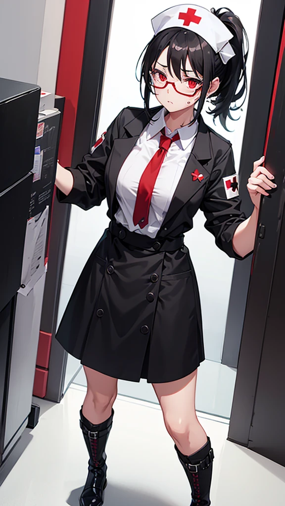 1girl,{zombie},black hair,ponytail,red eyes,wearing glasses,nurse hat,medium breast,sweat,long black boots,standing