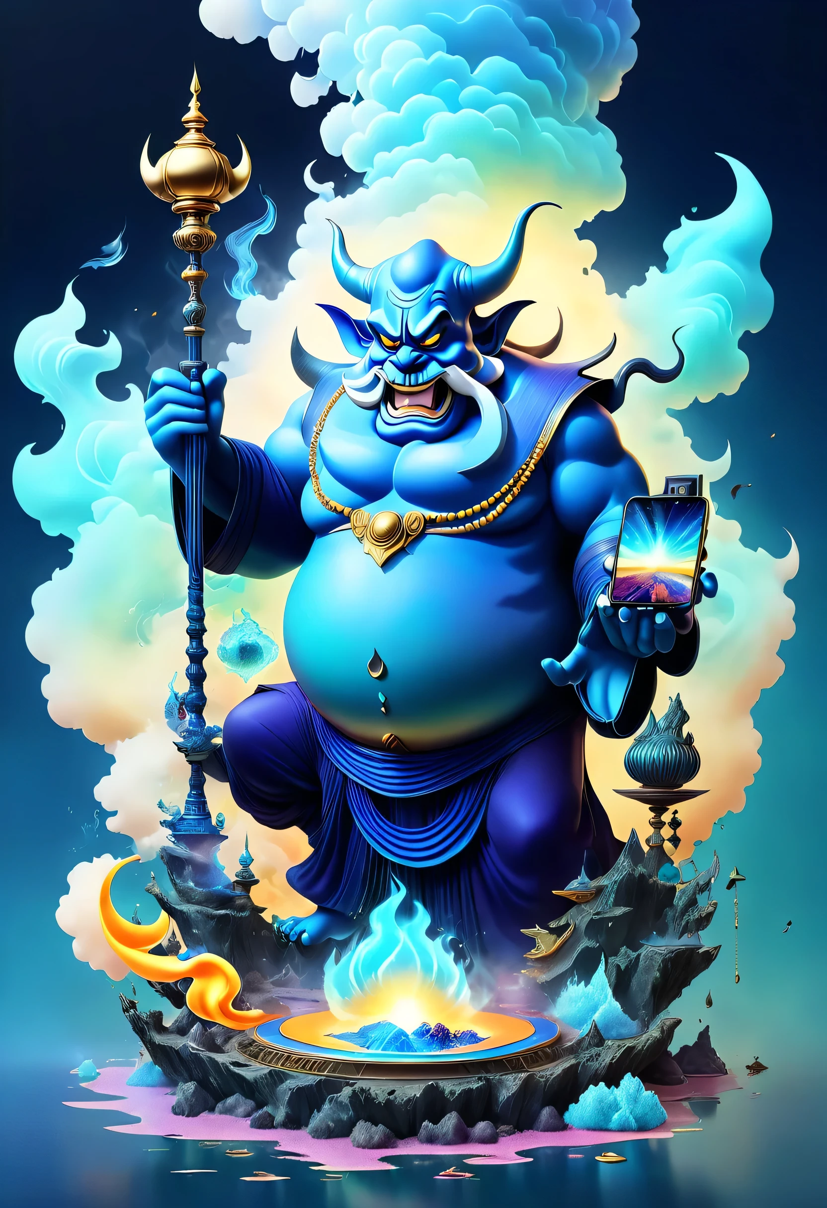 A big genie destroys a smartphone and comes out in a puff of smoke、A broken smartphone lies with the screen underneath、(The demon is depicted large:1.2)、Blue Demon、Genie from Aladdin、metallic、Gradient color sea background、Broken glass、Highest quality、Ultra-high resolution、Golden Ratio、Maximum Coefficient、Mohenjo Daro