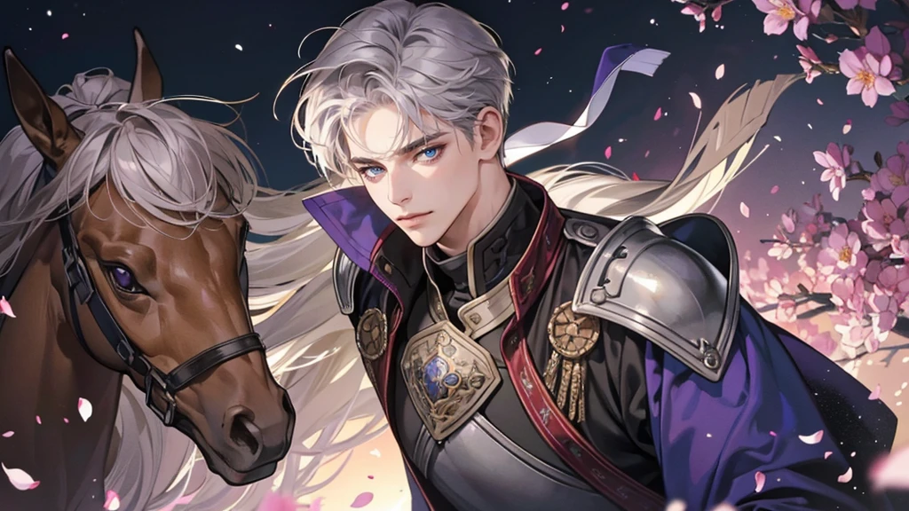 ((masterpiece)),(((最high quality))), (Detailed light) (Detailed Shadows), (high quality, Breathtakingly beautiful),(Expressive eyes, Perfect Face), 1 person, alone, male, expensive, (mature), Board shoulder, Muscular, Purple eyes, A fearless smile, Medieval European style knight clothing, Brown Skin, Silver Hair, Petals fluttering, the wind is strong, Beautiful husband,Ready your sword