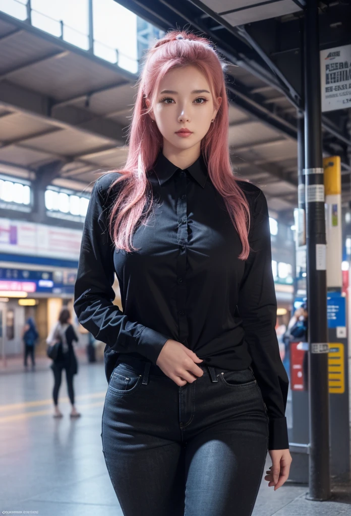 (masterpiece), (best quality), (high resolution), detailed, (Complex detail 1.2), (Hyper detailed 1.4), (Gorgeous digital art 1.2), absurd, 1 Girl, Large Breasts, yes, Hair accessories, Solitary, Pink Hair, (Black shirt:1.3), jeans, (TRAIN STATION:1.2) running, thigh, shortstack,
