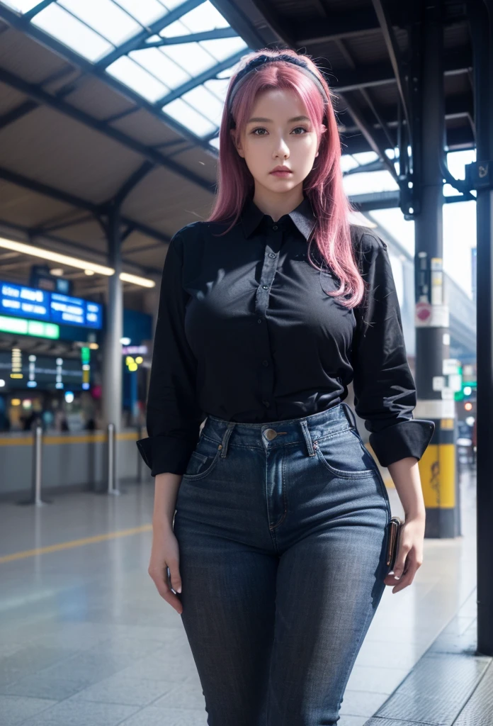 (masterpiece), (best quality), (high resolution), detailed, (Complex detail 1.2), (Hyper detailed 1.4), (Gorgeous digital art 1.2), absurd, 1 Girl, Large Breasts, yes, Hair accessories, Solitary, Pink Hair, (Black shirt:1.3), jeans, (TRAIN STATION:1.2) running, thigh, shortstack,