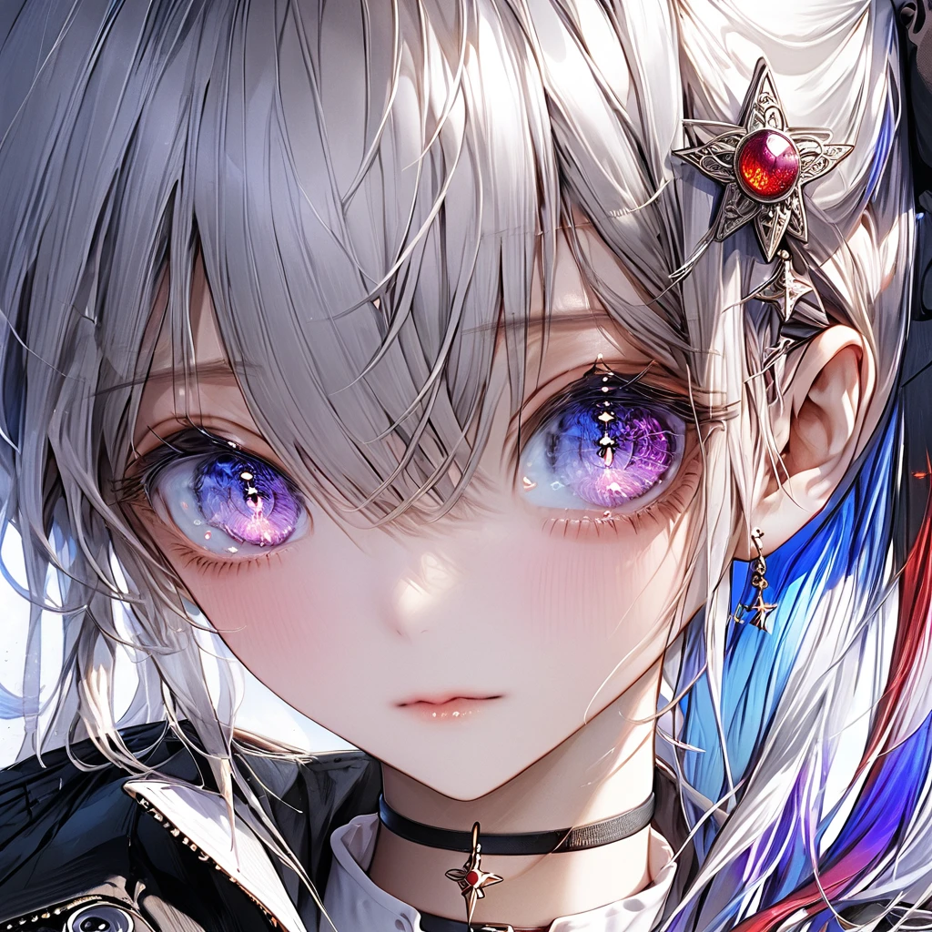 a beautiful anime-style girl with long silver ponytail hair with purple streaks often covering her left eye, heterochromatic eyes - left eye ruby red, right eye sky blue, star-like eye pupils, wearing a black trench coat with silver embellishments, high-collared shirt, black fingerless gloves with blue lines, a half moon choker on her neck, (best quality,4k,8k,highres,masterpiece:1.2),ultra-detailed,(realistic,photorealistic,photo-realistic:1.37),highly detailed face and eyes, intricate details, dramatic lighting, cinematic composition, vibrant colors, digital painting,portrait