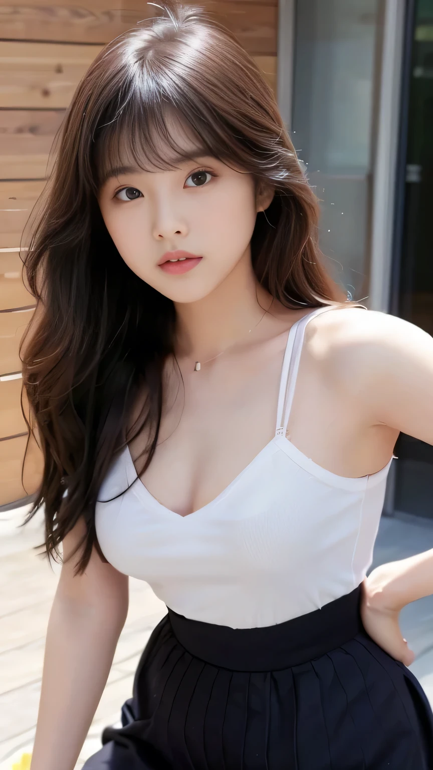 (Leaning forward:1.5),  Girls。Wearing a V-neck shirt and skirt。A small bulge of her breasts is visible from her chest.。She exudes sexiness with her heavy makeup.。Very small breast growth,　A little bit of her bra is visible on her chest.