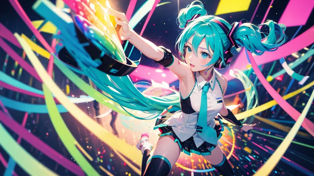 This painting depicts an active and colorful dance party scene featuring Hatsune Miku.。Colorful neon lights are shining all around.。