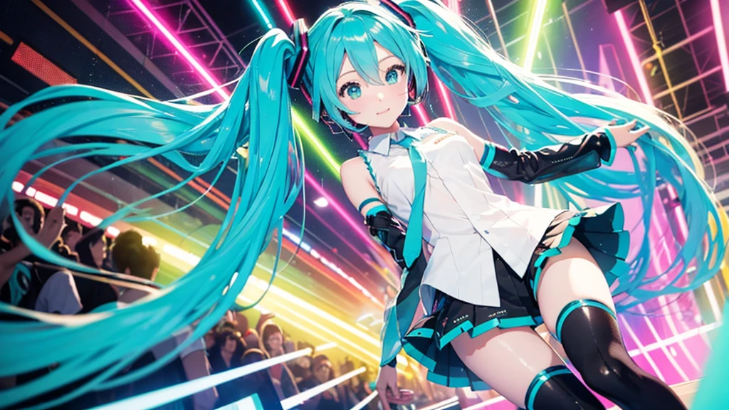 This painting depicts an active and colorful dance party scene featuring Hatsune Miku.。Colorful neon lights are shining all around.。