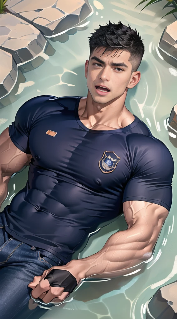 1 man,(lying on the water wall:1.6),(crew cut short hair:1.3),black eye,(Wear a fitted round neck t-shirt in navy with a police badge.:1.3),(fit neck),Navy blue jeans,(black_gloves),
Korean guy,chest muscles,large arm muscles,blood vessel,Big muscles,Broad shoulders,
open mouth,(terror terror:1.5),
middle of the road,(In the desert:1.2),(full_shot:1.6),(In the cave:1.2),(shouting:1.4),