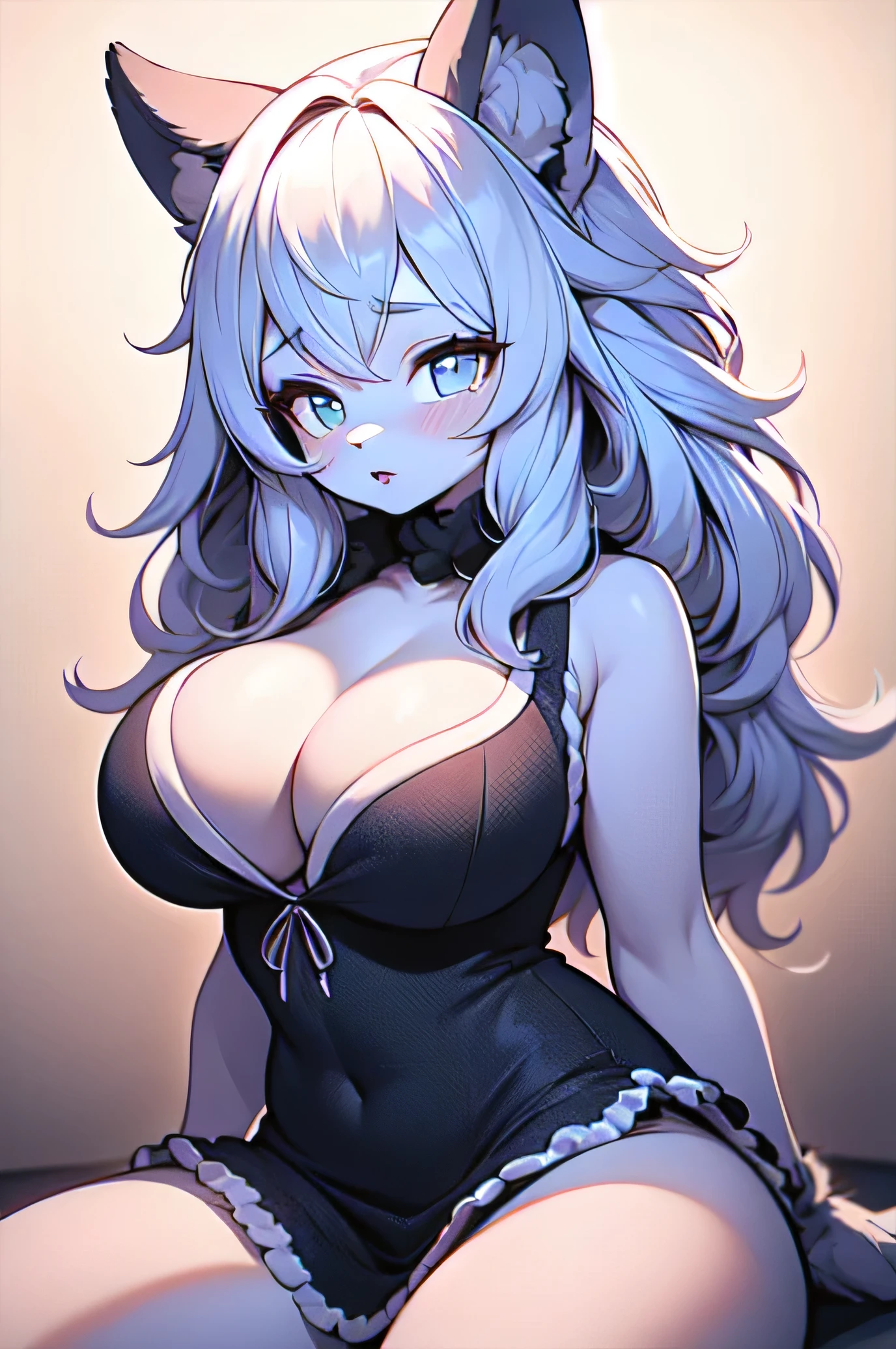 hairy, fur, two-toned fur, detail, Large Breasts,
frilly dress,Cleavage,Sexy pose,The cheeks are flushed,puppy,Clean background,Sitting,Brightly colored clothes