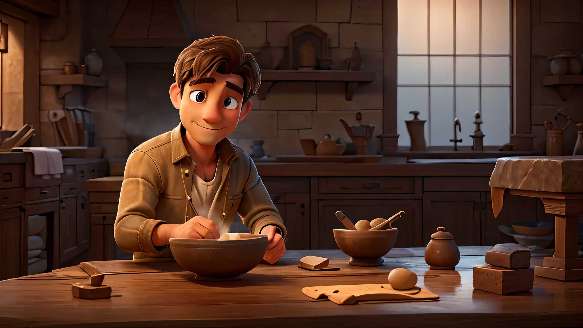 a man sitting at a table, one bowl on the table, putting a stone into the bowl, water splashing outside, intricate details, photorealistic, 8k, highly detailed, natural lighting, realistic, warm colors, cinematic, atmospheric, moody, dramatic
