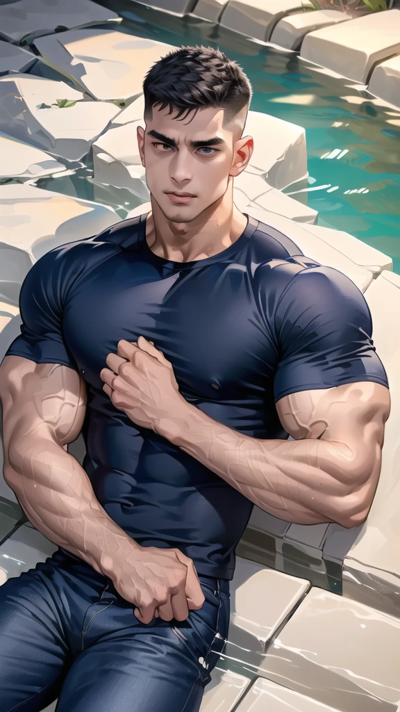 1 man,(lying on the water wall:1.6),(crew cut short hair:1.3),black eye,(Wear a fitted round neck t-shirt in navy with a police badge.:1.3),(fit neck),Navy blue jeans,(black_gloves),
Korean guy,chest muscles,large arm muscles,blood vessel,Big muscles,Broad shoulders,
open mouth,(terror terror:1.5),
middle of the road,(In the desert:1.2),(full_shot:1.6),(In the cave:1.2),(shouting:1.4),