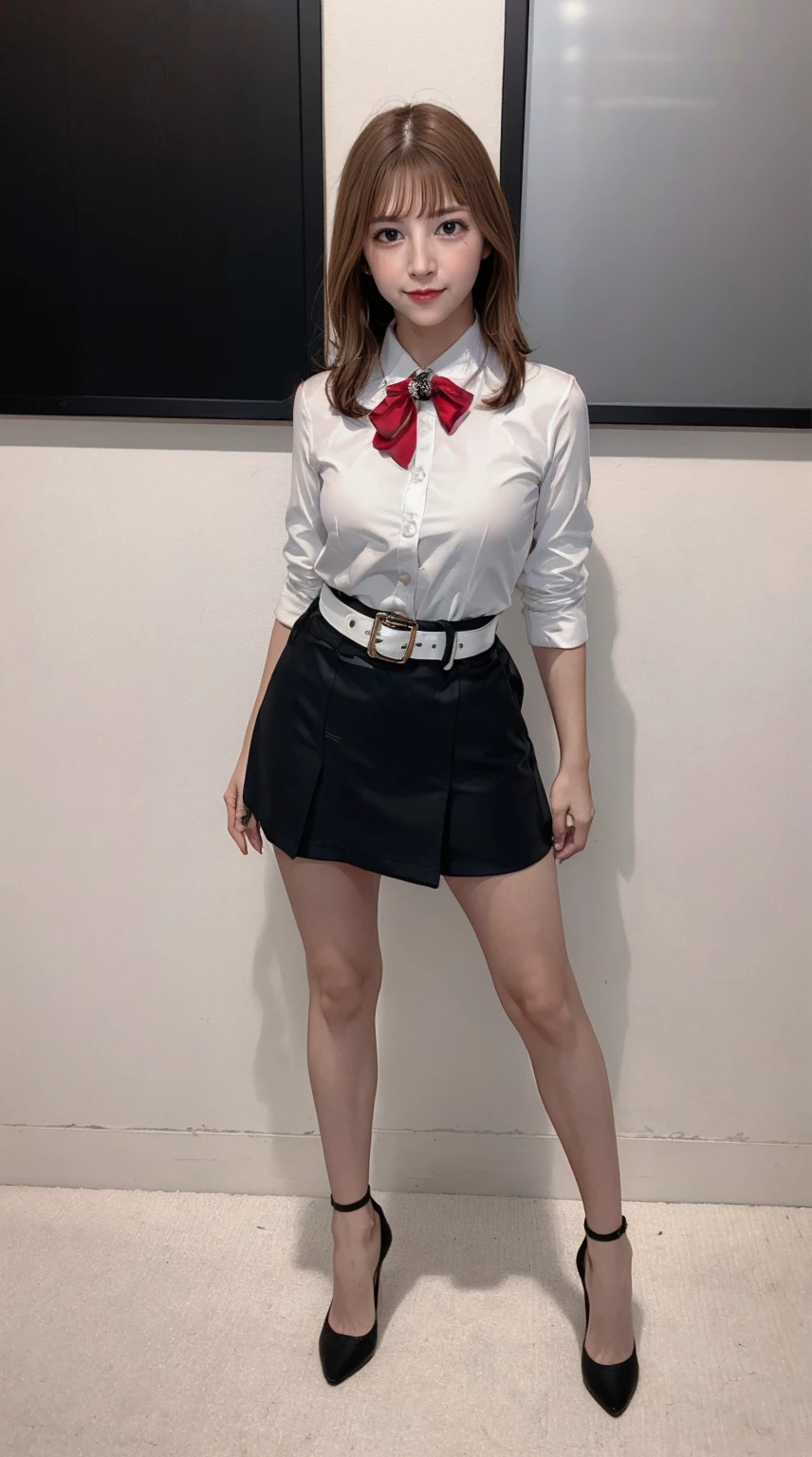 masterpiece, best quality, 4K, ultra-detailed, photorealistic, (1 girl), (full body), ((m legs)), (A fascinating eye for perfect detail:1.2), (smile), ((center parted hair)), (medium brown hair), (medium breasts), (white collared shirt), (black tight skirt), (black high heels), (white belt with red buckle), (front view)
