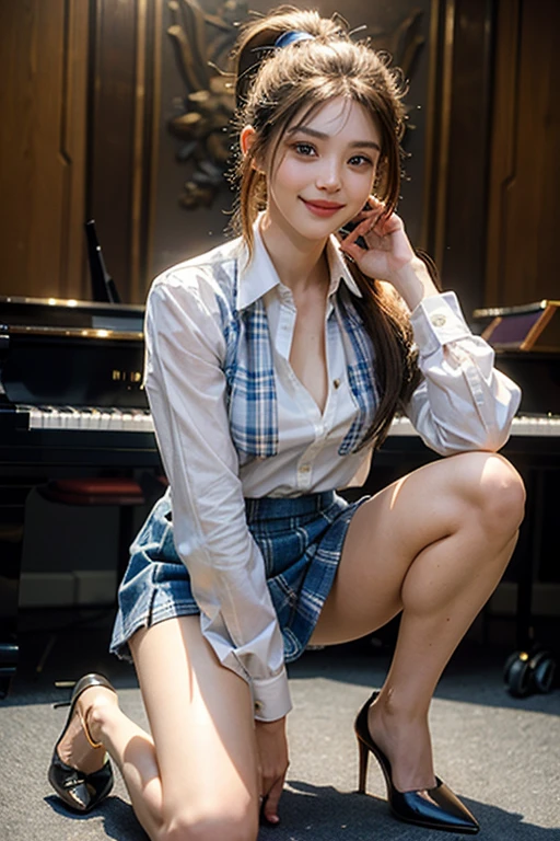 highest quality, masterpiece, Ultra-high resolution,(((Face Focus:1.6))) (Realistic:1.6), (Portrait of a man kneeling with legs apart) RAW Photos, 1 girl, 20-year-old,((A girl in high heels wearing a white blouse and a blue plaid miniskirt)),((Ponytail and hair tie)),,((Looking up at the audience)),Realistic,((background)), Image Media Chest)),((Smiling with teeth showing)),