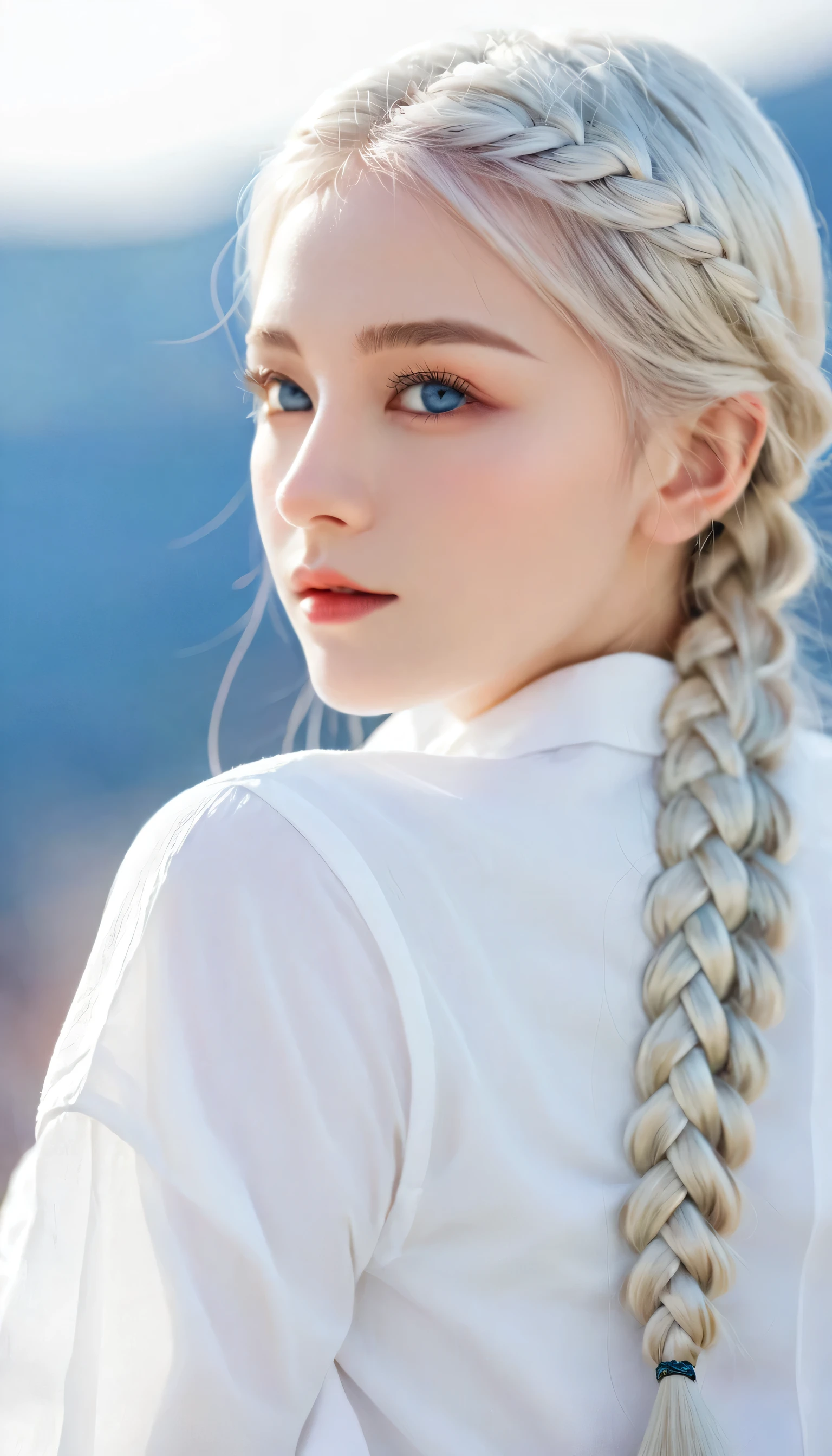 Excellent, masterpiece, white hair, blue eyes, white clothes, upper body, hair, fair skin, side braids, best quality