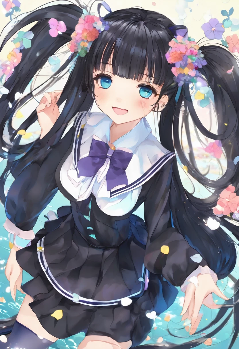 work, Highest quality, girl, Twin tails、long hair alternative, absurdly long hair, black hair, bow hair, Aqua Eye, Captivating smile, tongue, Iris, Long eyelashes, Big Breasts, Sailor, Black long skirt, shoes, meanwhile, hair ribbon, flower ribbon, hair_ribbon, hair_ribbon, hair_flower、dance