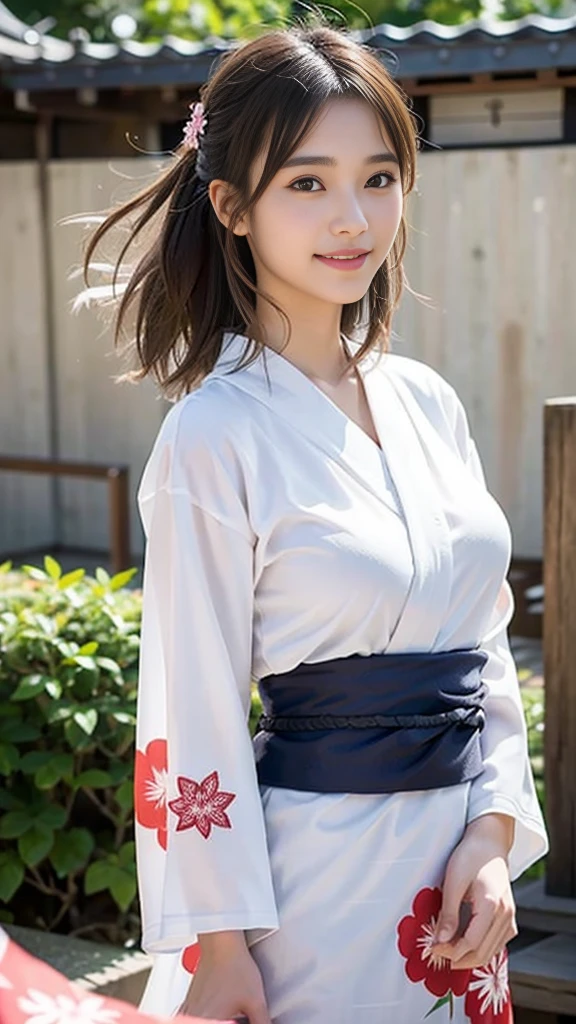 Highest quality、超A high resolution、(Photorealistic:1.5)、1 girl、(Brown Hair:1.2)、(Big Breasts:1.2)、Whole Body Ezbian、smile、Bad Eyes、(Girl in yukata with hair swaying in the wind :1.3)、Perfect dynamic composition, Beautiful attention to detail, Medium Hair, Natural color lip, Random Pause,smile, Kyoto Street Walk、20-year-old girl, Beautiful woman, Japanese patterned yukata